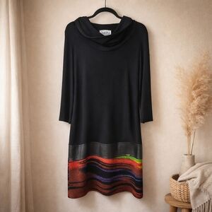Joseph Ribkoff Black Cowl Neck Dress with Multicolor Hem